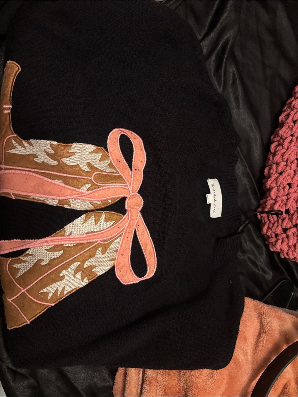 Black Women's Sweater with Pink Bow and Embroidered Boots